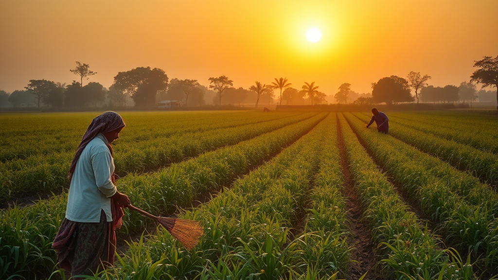 Indian farmers working in fields in sunlight