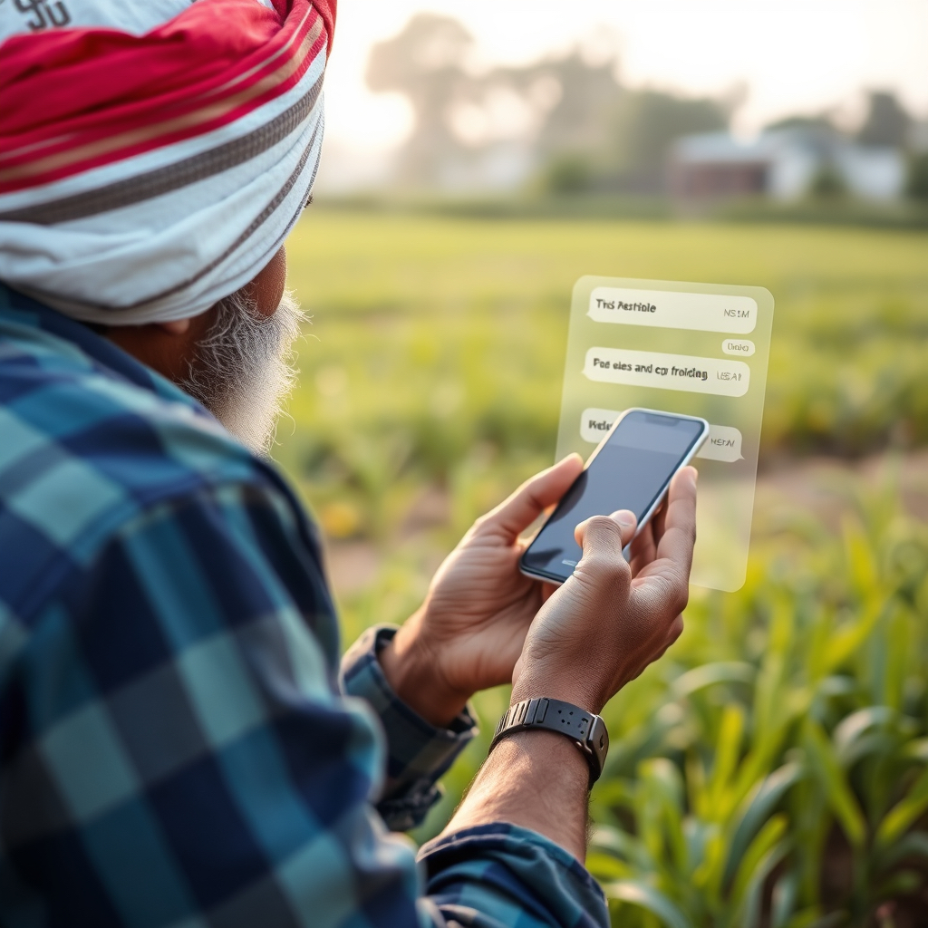 Indian male farmer using a button phone to receive AI advisory by SMS