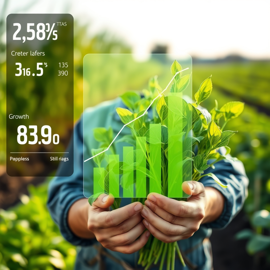 Farmer holding healthy crops with growth stats