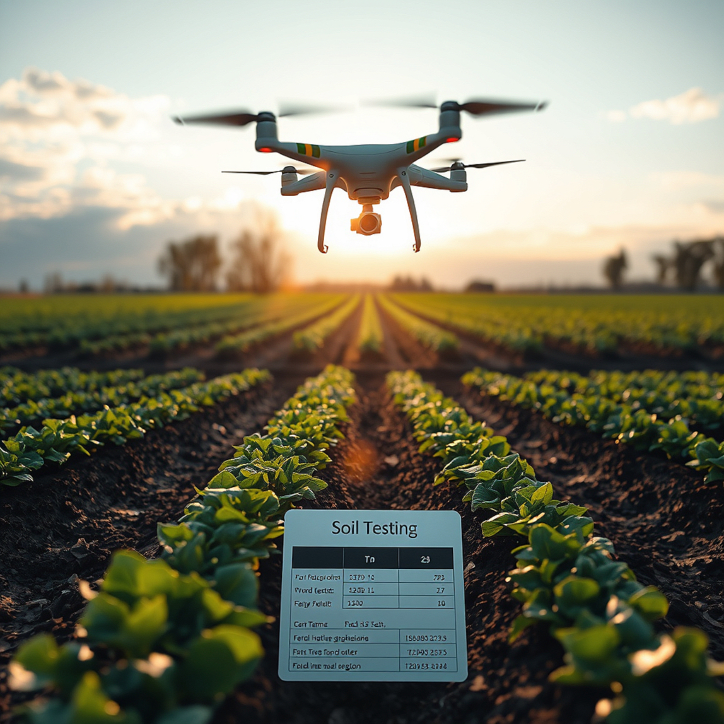 Farmland with drone flying above and soil testing card